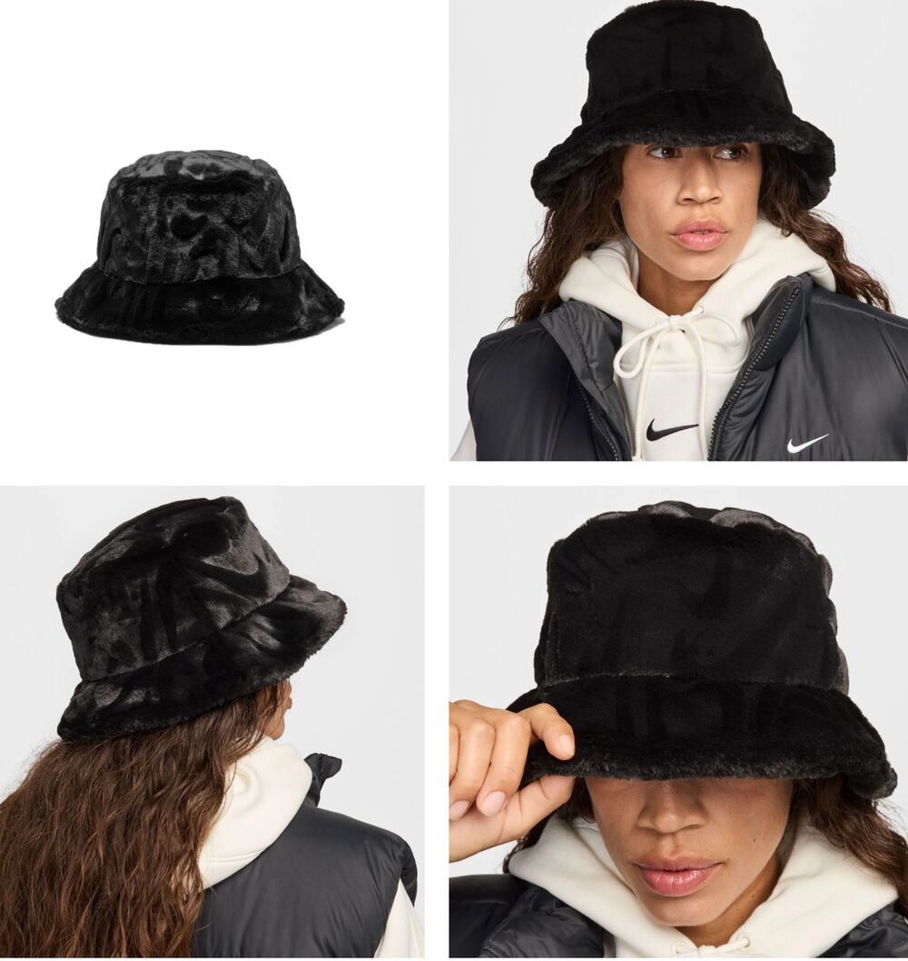 Nike Apex Faux Fur Bucket Hat Black Plush Soft HF7194-010 Adult Unisex Medium